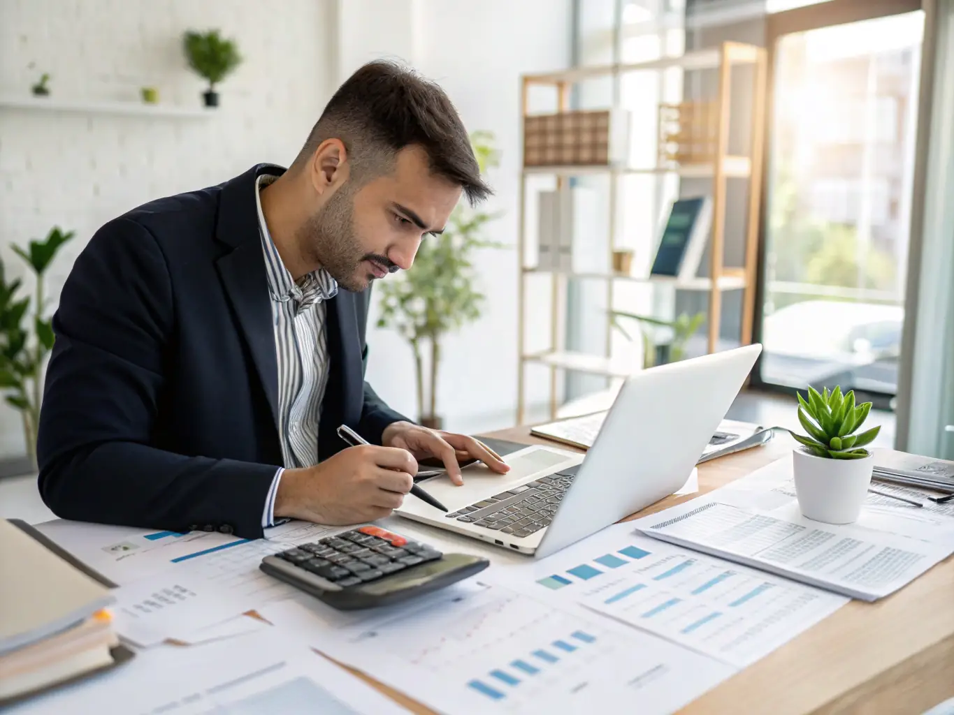 An image of an accountant analyzing financial reports on a computer, with charts and graphs displayed, in a professional office environment.