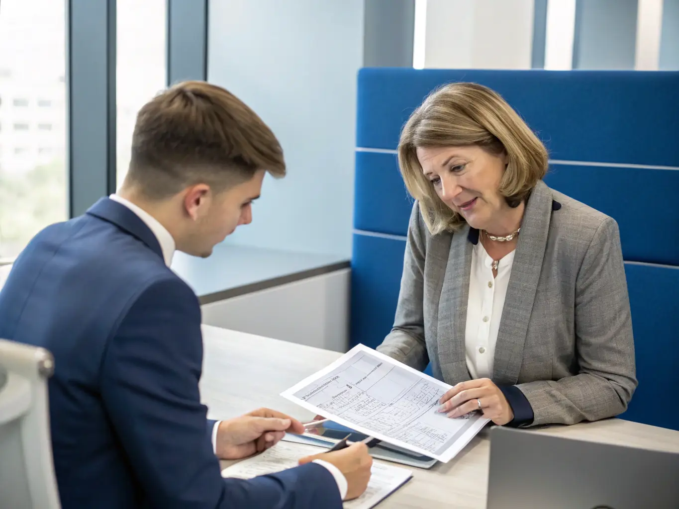 An image of a tax consultant working with a client, reviewing financial documents and discussing tax strategies, in a brightly lit modern office.