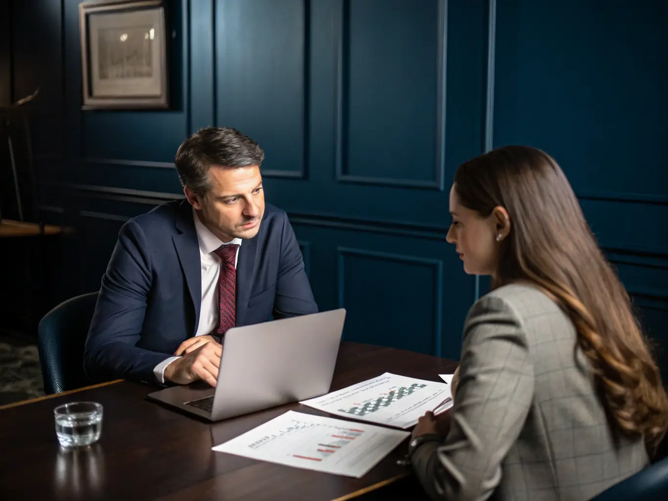 An image of a corporate finance advisor discussing strategies with a business executive in a modern office setting, with financial charts visible in the background.