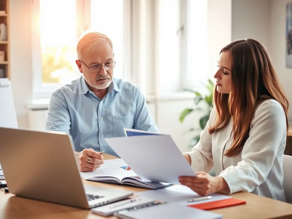 A professional consultant reviewing tax documents with a client in a modern office setting, emphasizing accuracy and personalized service.