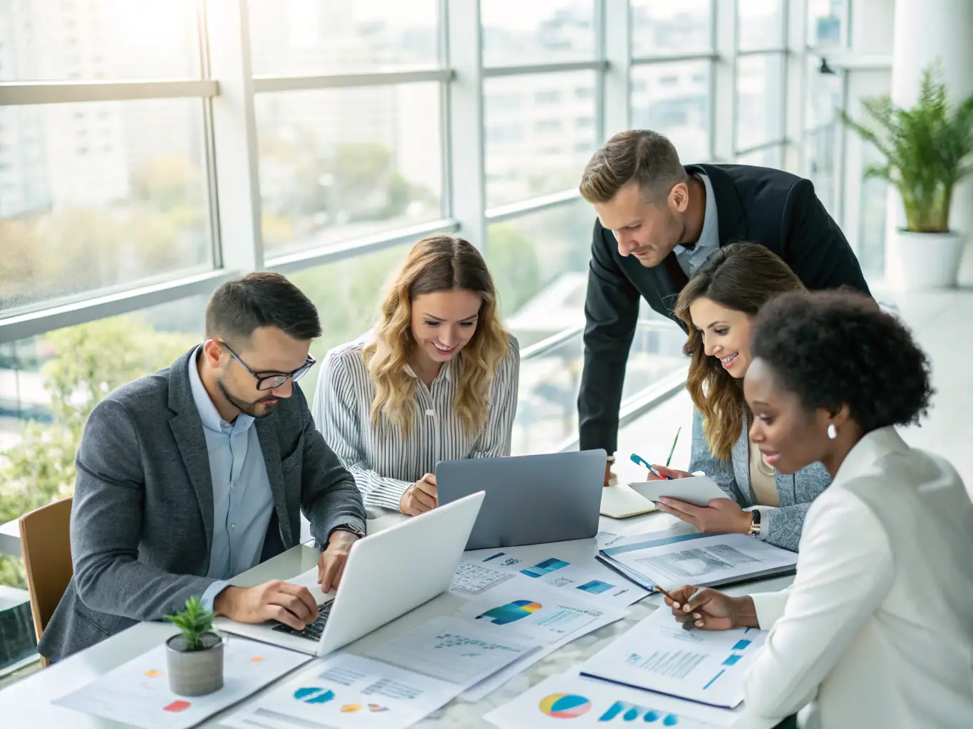 A team of accountants working collaboratively on financial statements in a well-lit office, highlighting precision and teamwork.