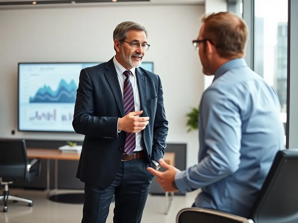 A financial advisor presenting corporate finance strategies to a business executive in a boardroom, emphasizing strategic planning and growth.